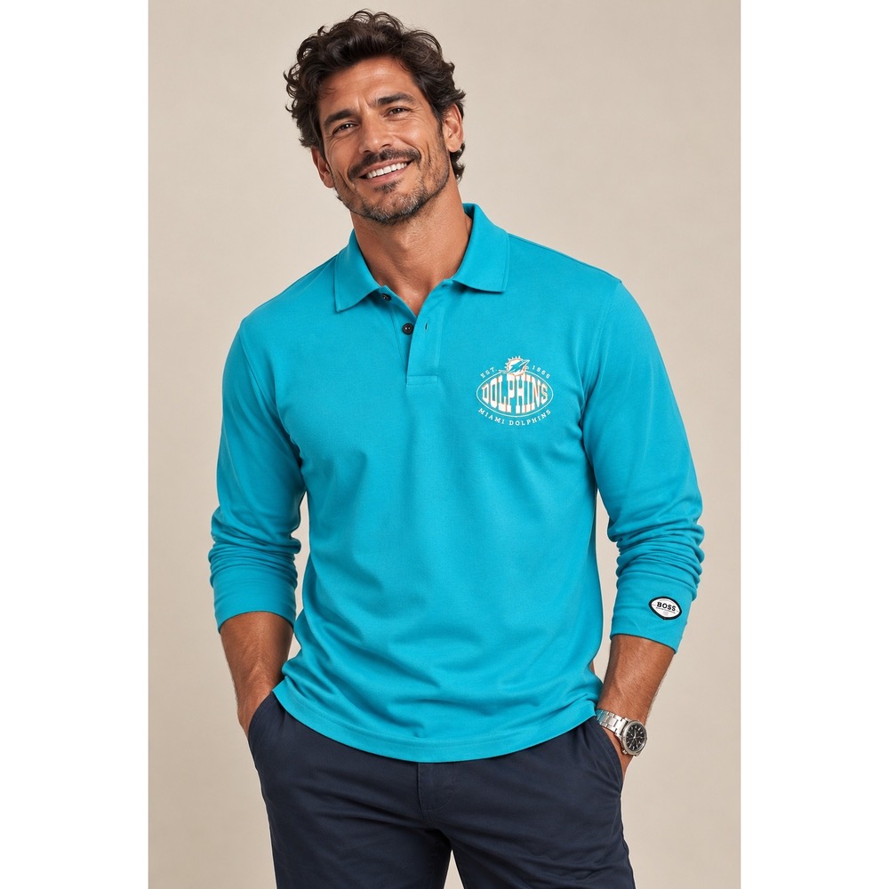 Hugo Boss x NFL Miami Dolphins Long Sleeve Polo Shirt Aqua Teal Mens XL NWT